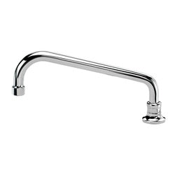 Chrome deck mount faucet with single lever control and curved swing spout arm extending from base.