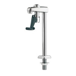 Deck-mounted glass filler with tall chrome post, horizontal spout, and dark lever handle for water dispensing.