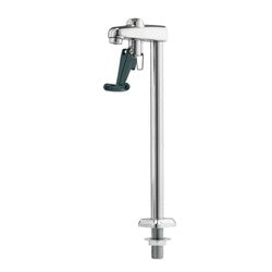 Tall chrome pitcher filler with lever handle and floor-mounted base on vertical pole.