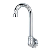 Chrome wall-mount faucet with curved gooseneck spout and single control handle.