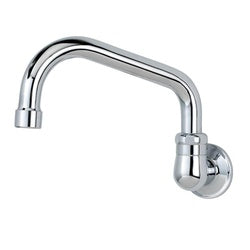 Chrome wall-mounted faucet with curved spout and single control handle.
