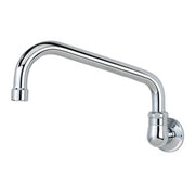 Chrome wall-mount faucet with curved 8-inch spout and single handle control.