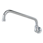 Chrome wall-mounted faucet with single hole connection and 10-inch curved spout.