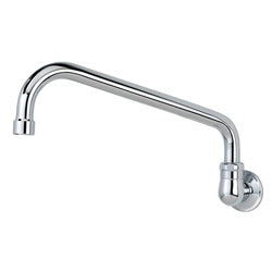 Chrome wall-mounted faucet with single hole connection and 10-inch curved spout.