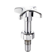 Chrome dipperwell faucet valve with dual handles and threaded connector base.