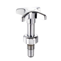 Chrome dipperwell faucet valve with dual handles and threaded connector base.