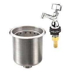 Stainless steel drop-in dipperwell with faucet dispenser and perforated basket insert.