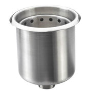 Stainless steel cylindrical dipperwell with perforated insert rim and drain outlet.