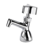 Chrome deck-mounted faucet with curved spout and single lever handle for dipperwell.