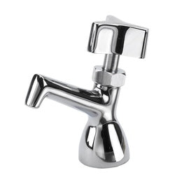 Chrome deck-mounted faucet with curved spout and single lever handle for dipperwell.