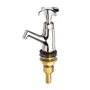 Chrome and brass dipperwell faucet with lever handle and angled spout.
