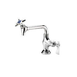 Chrome deck mount pot filler faucet with 6-inch spout and blue cross handles.
