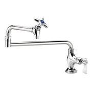 Chrome deck mount pot filler faucet with jointed spout and cross handles.