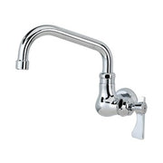 Chrome wall-mounted faucet with curved spout and single lever handle.