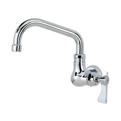Chrome wall-mounted faucet with curved spout and single lever handle.