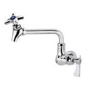 Chrome wall-mount pot filler faucet with blue handle and 6-inch swinging spout.