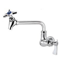 Chrome wall-mount pot filler faucet with blue handle and 6-inch swinging spout.