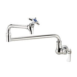 Chrome wall-mounted pot filler faucet with articulated spout and lever handle.