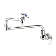 Chrome wall-mounted pot filler faucet with articulated spout and lever handle.