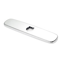 Elongated stainless steel deck plate with single hole opening and black mounting bracket.