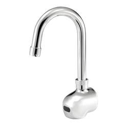 Chrome wall-mount faucet with curved gooseneck spout and white base.