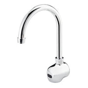 Chrome wall-mounted faucet with curved 6-inch gooseneck spout and white base.