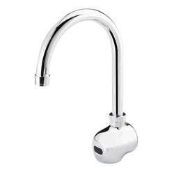 Chrome wall-mounted faucet with curved 6-inch gooseneck spout and white base.