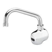 Chrome wall-mounted faucet with curved spout and white electronic sensor base.
