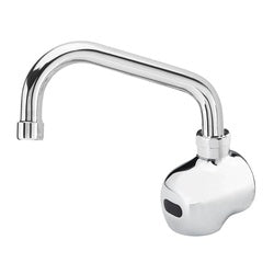 Chrome wall-mounted faucet with curved spout and white electronic sensor base.