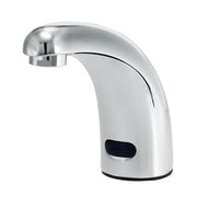 Chrome single-hole deck mount faucet with curved spout and electronic sensor control panel.