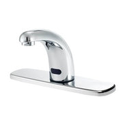 Chrome sensor faucet with curved spout and rectangular base deck plate for single-hole mounting.