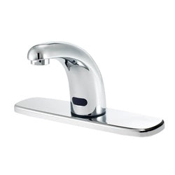 Chrome sensor faucet with curved spout and rectangular base deck plate for single-hole mounting.