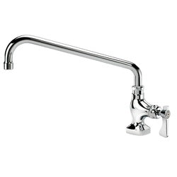 Stainless steel wall-mount pantry faucet with curved spout and single lever handle.