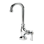 Chrome wall-mount pantry faucet with curved gooseneck spout and single lever handle.