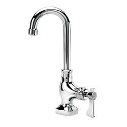 Chrome wall-mount pantry faucet with curved gooseneck spout and single lever handle.