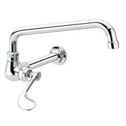 Chrome wok range faucet with extended spout, wall-mounted with single lever handle and spray hose.