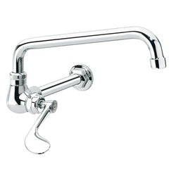 Chrome wok range faucet with extended spout, wall-mounted with single lever handle and spray hose.