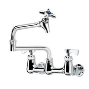 Chrome wall-mount pot filler faucet with articulated spout and dual handles.
