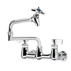 Chrome wall-mount pot filler faucet with articulated spout and dual handles.