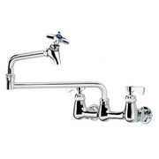 Wall-mounted chrome pot filler faucet with jointed swing spout and dual handles.
