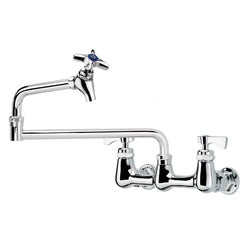 Wall-mounted chrome pot filler faucet with jointed swing spout and dual handles.