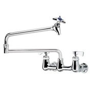 Wall-mounted pot filler faucet with jointed spout and dual handles.
