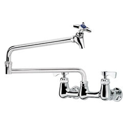 Wall-mounted pot filler faucet with jointed spout and dual handles.