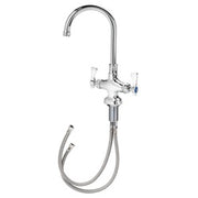 Chrome pantry faucet with curved gooseneck spout and detachable spray hose attached below.