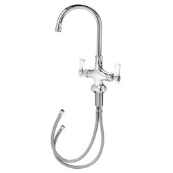 Chrome pantry faucet with curved gooseneck spout and detachable spray hose attached below.