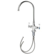 Chrome deck-mount pantry faucet with tall gooseneck spout and dual handles, includes spray hose attachment.
