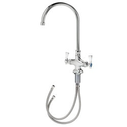 Chrome deck-mount pantry faucet with tall gooseneck spout and dual handles, includes spray hose attachment.