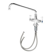 Chrome deck mount pantry faucet with 12-inch curved spout and flexible hose attachment.