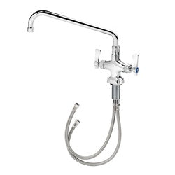 Chrome deck mount pantry faucet with 12-inch curved spout and flexible hose attachment.
