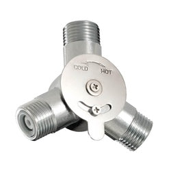 Chrome mixing valve with cold and hot inlet ports, white handle lever, and threaded connections.